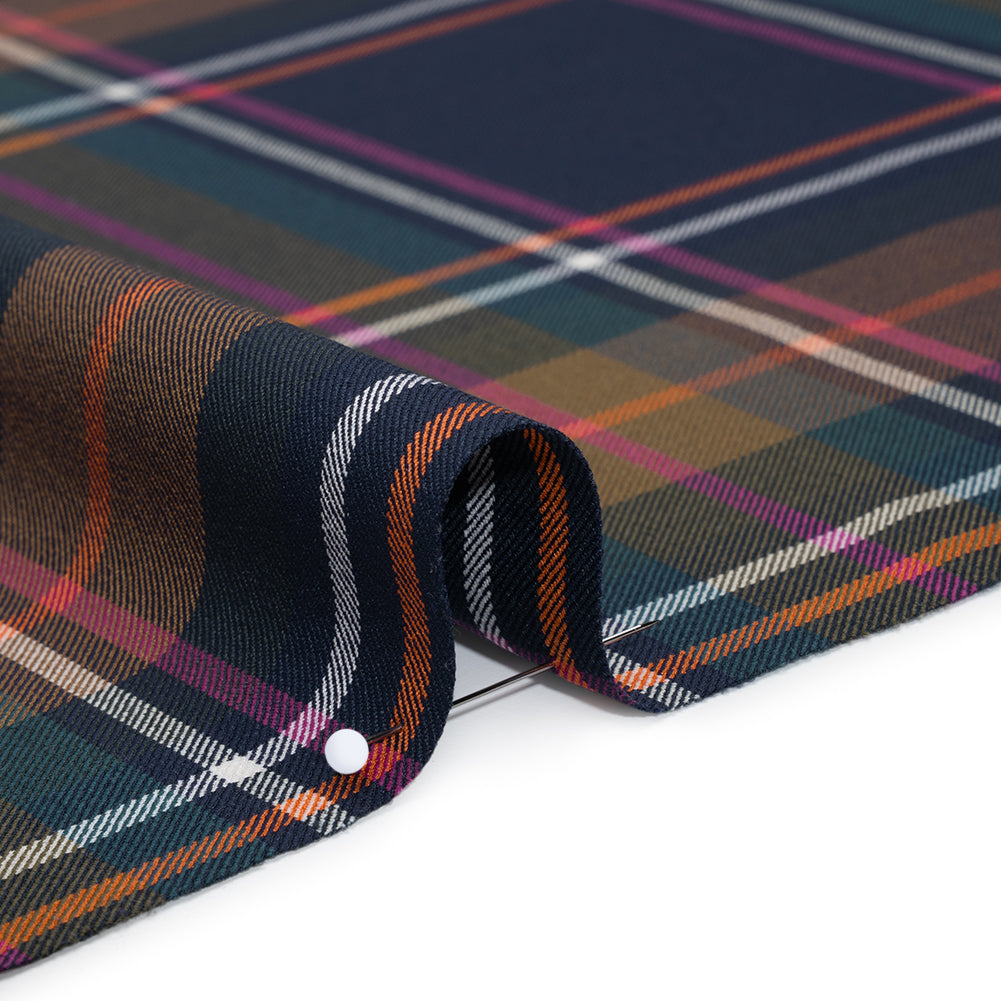 Stretch Polyester and Viscose Twill by Trina Turk - Navy, Olive and Pink Plaid - Designer Deadstock