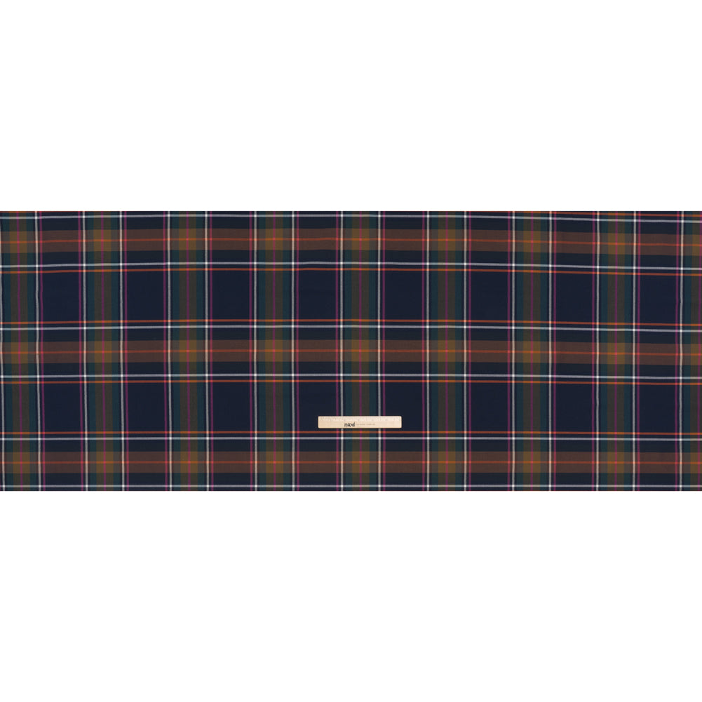 Stretch Polyester and Viscose Twill by Trina Turk - Navy, Olive and Pink Plaid - Designer Deadstock