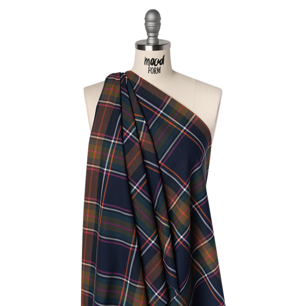 Stretch Polyester and Viscose Twill by Trina Turk - Navy, Olive and Pink Plaid - Designer Deadstock