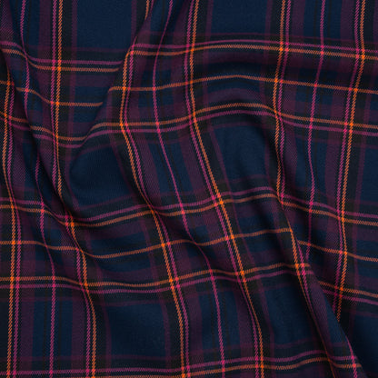 Stretch Polyester and Viscose Twill by Trina Turk - Navy, Pink and Orange Plaid - Designer Deadstock