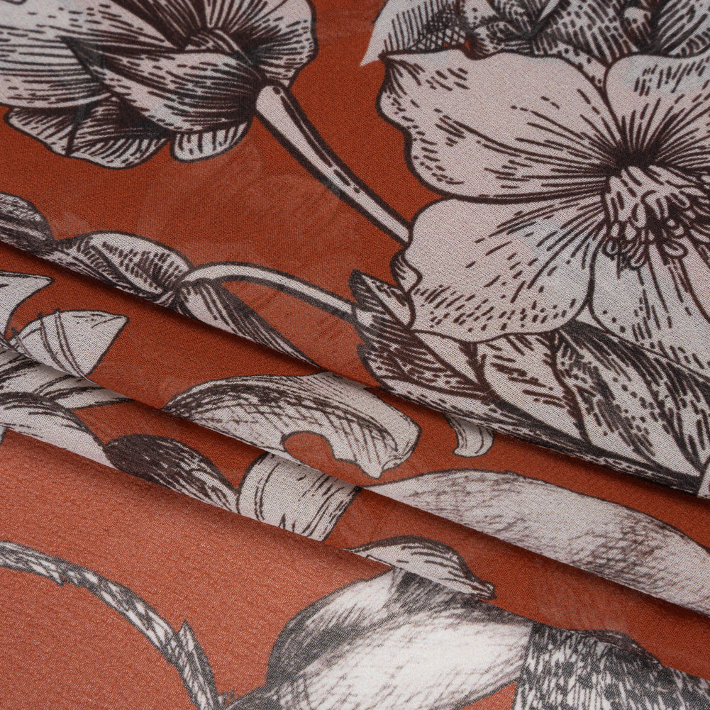 Silk Chiffon Print Made in Italy - Terracotta Brown, Black and Light Gray Flowers and Jungle Cats - Deadstock