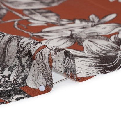 Silk Chiffon Print Made in Italy - Terracotta Brown, Black and Light Gray Flowers and Jungle Cats - Deadstock