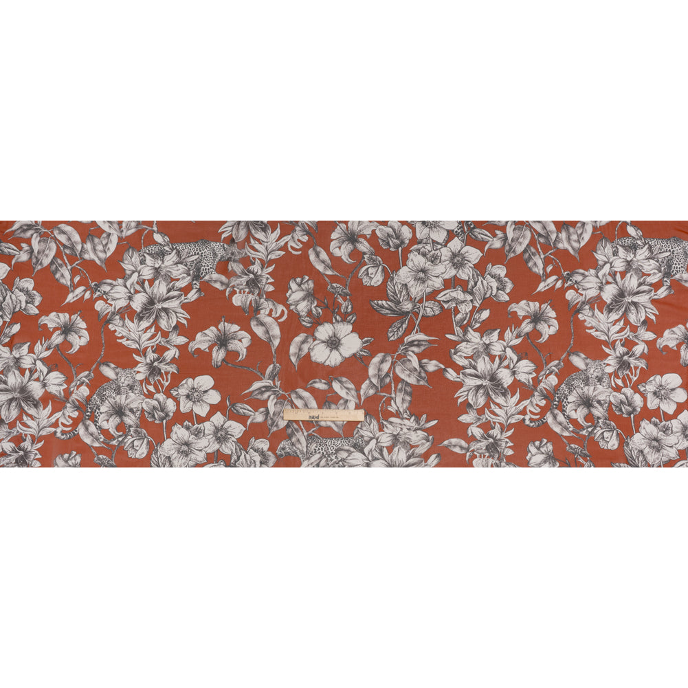 Silk Chiffon Print Made in Italy - Terracotta Brown, Black and Light Gray Flowers and Jungle Cats - Deadstock