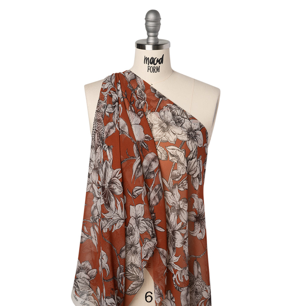 Silk Chiffon Print Made in Italy - Terracotta Brown, Black and Light Gray Flowers and Jungle Cats - Deadstock