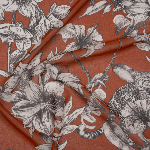 Silk Chiffon Print Made in Italy - Terracotta Brown, Black and Light Gray Flowers and Jungle Cats - Deadstock