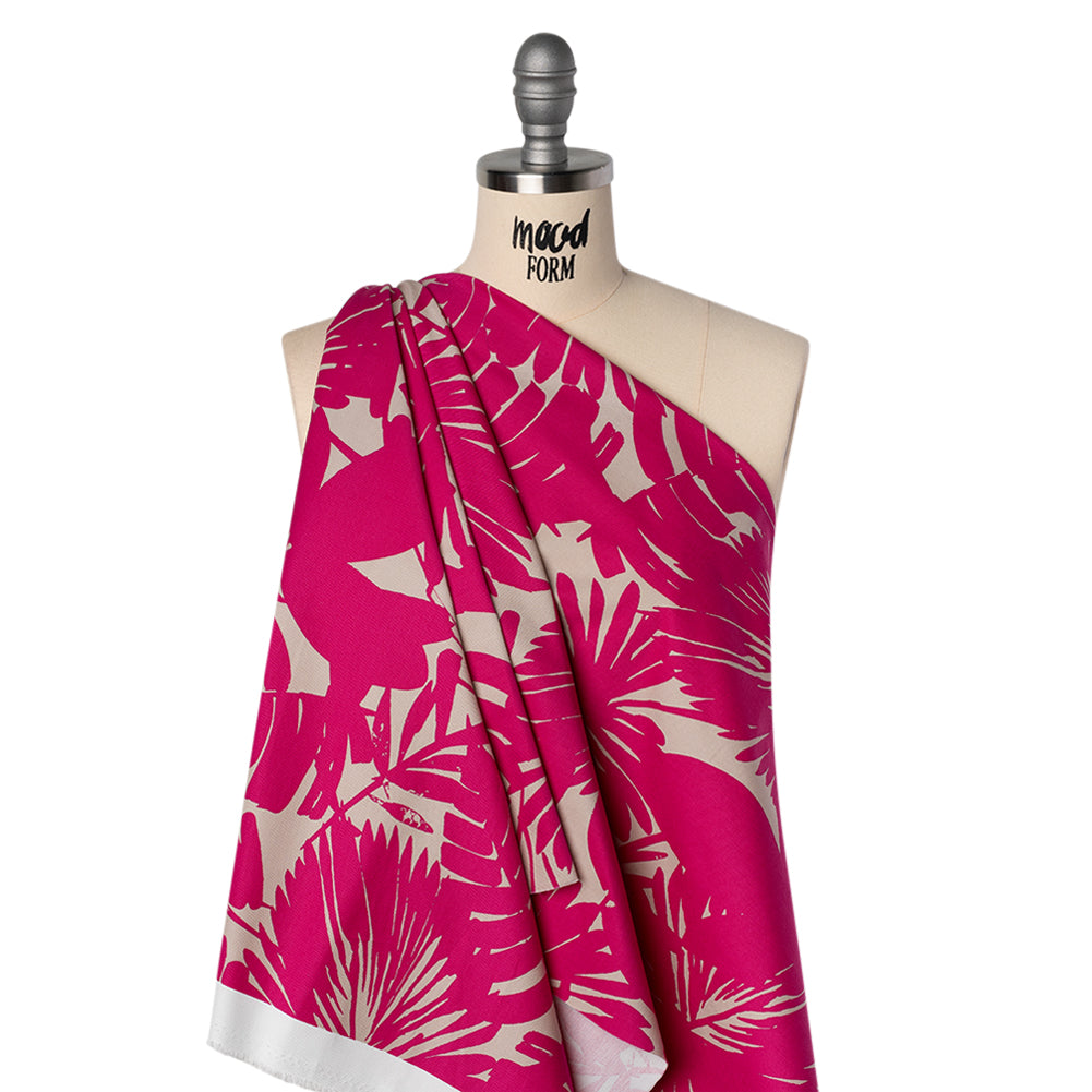 Stretch Cotton Faille Print by Trina Turk - Hot Pink and Light Gray Palm Leaves - Designer Deadstock