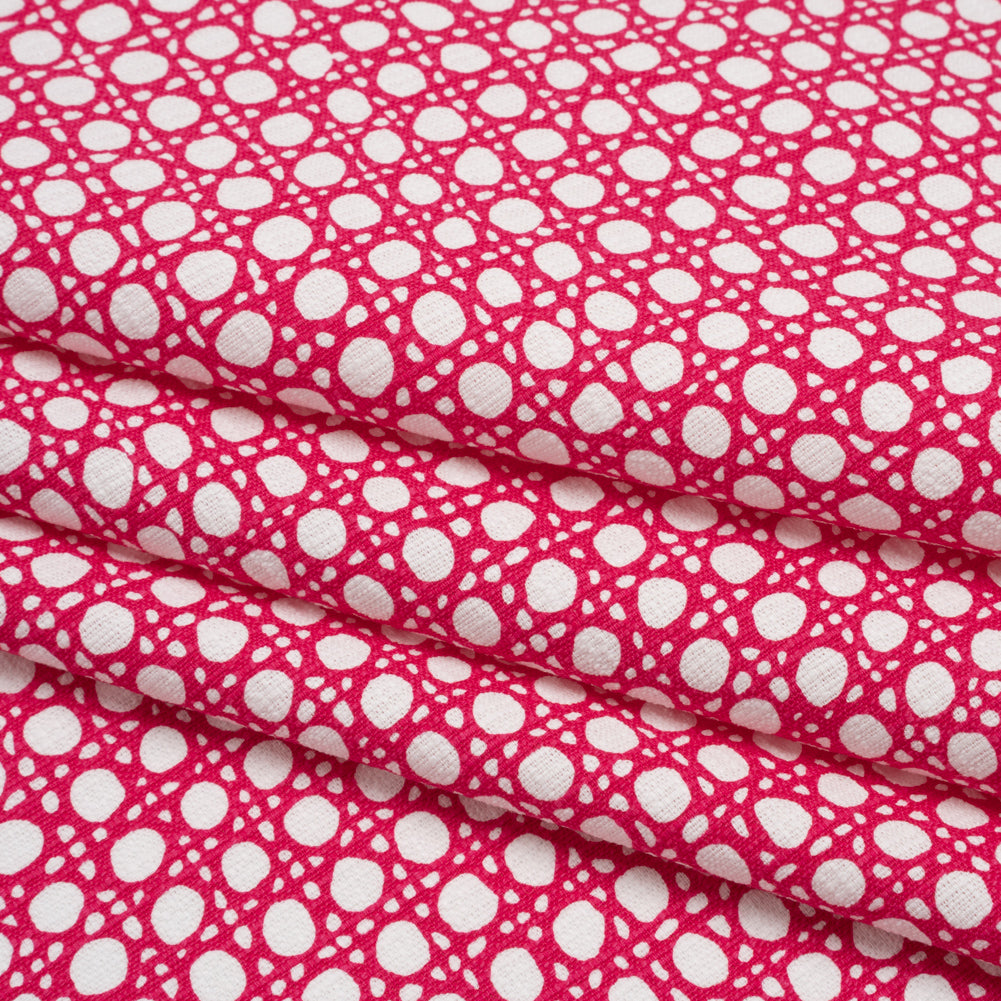 Textured Stretch Cotton Basketweave Panel by Trina Turk - Hot Pink and White Circle Grid and Printed Fringe Border - Designer Deadstock Folded