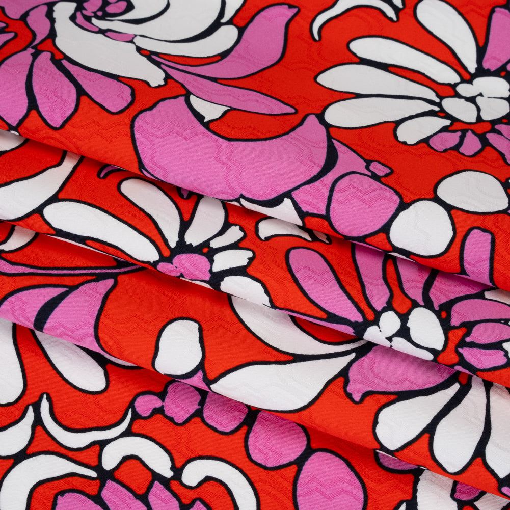 Stretch Cotton Jacquard Print by Trina Turk - Hot Pink, Red and White Florals on Ogees - Designer Deadstock - Folded