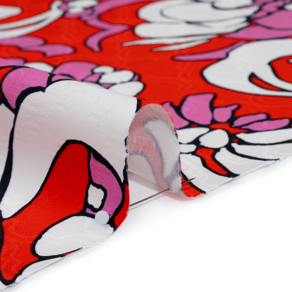 Stretch Cotton Jacquard Print by Trina Turk - Hot Pink, Red and White Florals on Ogees - Designer Deadstock - Detail
