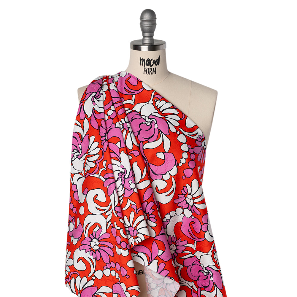 Stretch Cotton Jacquard Print by Trina Turk - Hot Pink, Red and White Florals on Ogees - Designer Deadstock - Drape