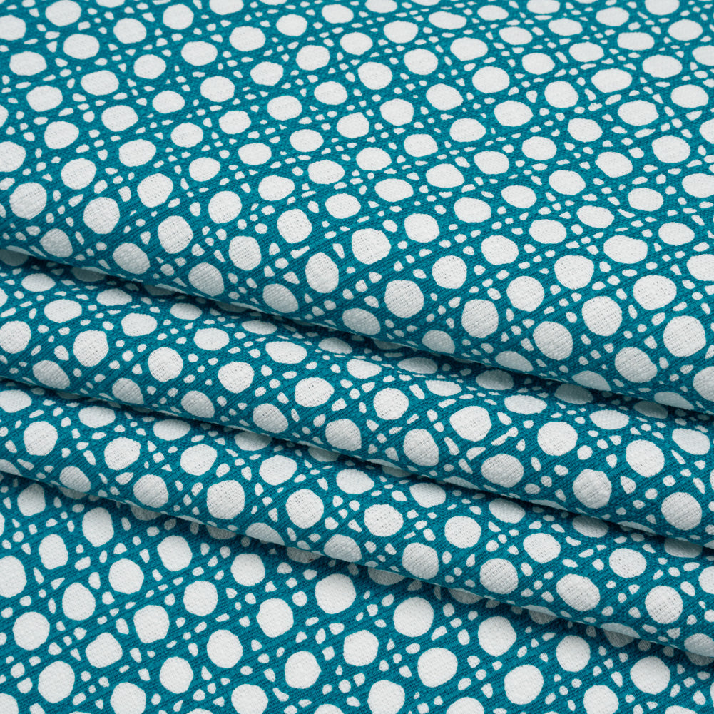 Textured Stretch Cotton Basketweave Panel by Trina Turk - Green Blue and White Circle Grid and Printed Fringe Border - Designer Deadstock