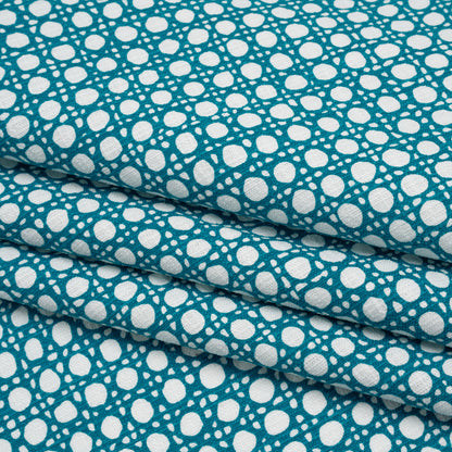 Textured Stretch Cotton Basketweave Panel by Trina Turk - Green Blue and White Circle Grid and Printed Fringe Border - Designer Deadstock