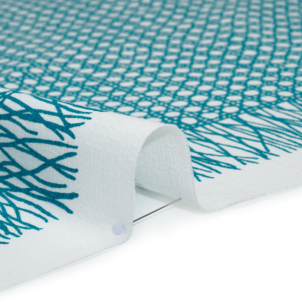 Textured Stretch Cotton Basketweave Panel by Trina Turk - Green Blue and White Circle Grid and Printed Fringe Border - Designer Deadstock