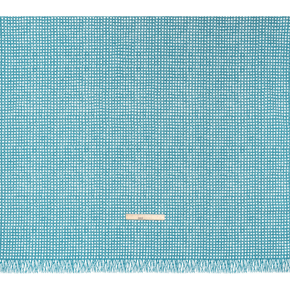 Textured Stretch Cotton Basketweave Panel by Trina Turk - Green Blue and White Circle Grid and Printed Fringe Border - Designer Deadstock