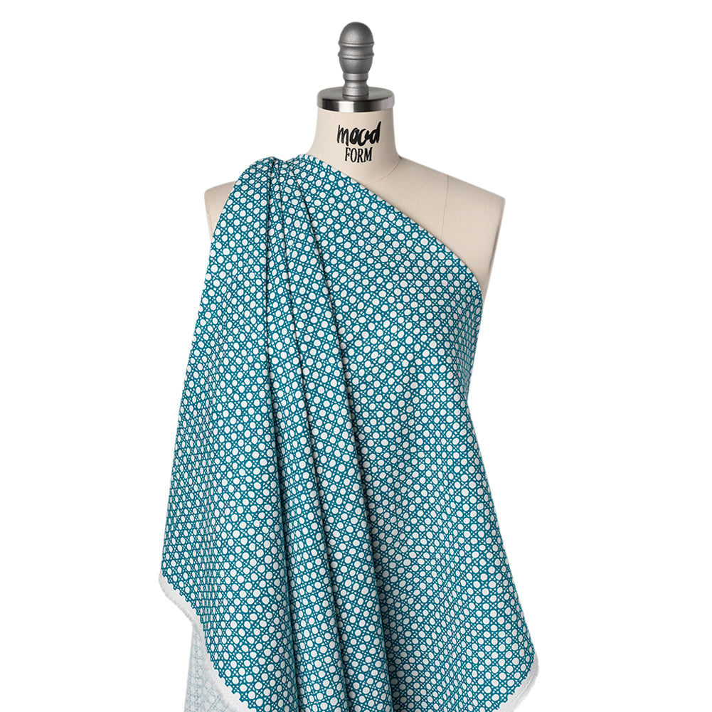 Textured Stretch Cotton Basketweave Panel by Trina Turk - Green Blue and White Circle Grid and Printed Fringe Border - Designer Deadstock