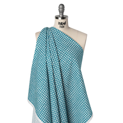 Textured Stretch Cotton Basketweave Panel by Trina Turk - Green Blue and White Circle Grid and Printed Fringe Border - Designer Deadstock