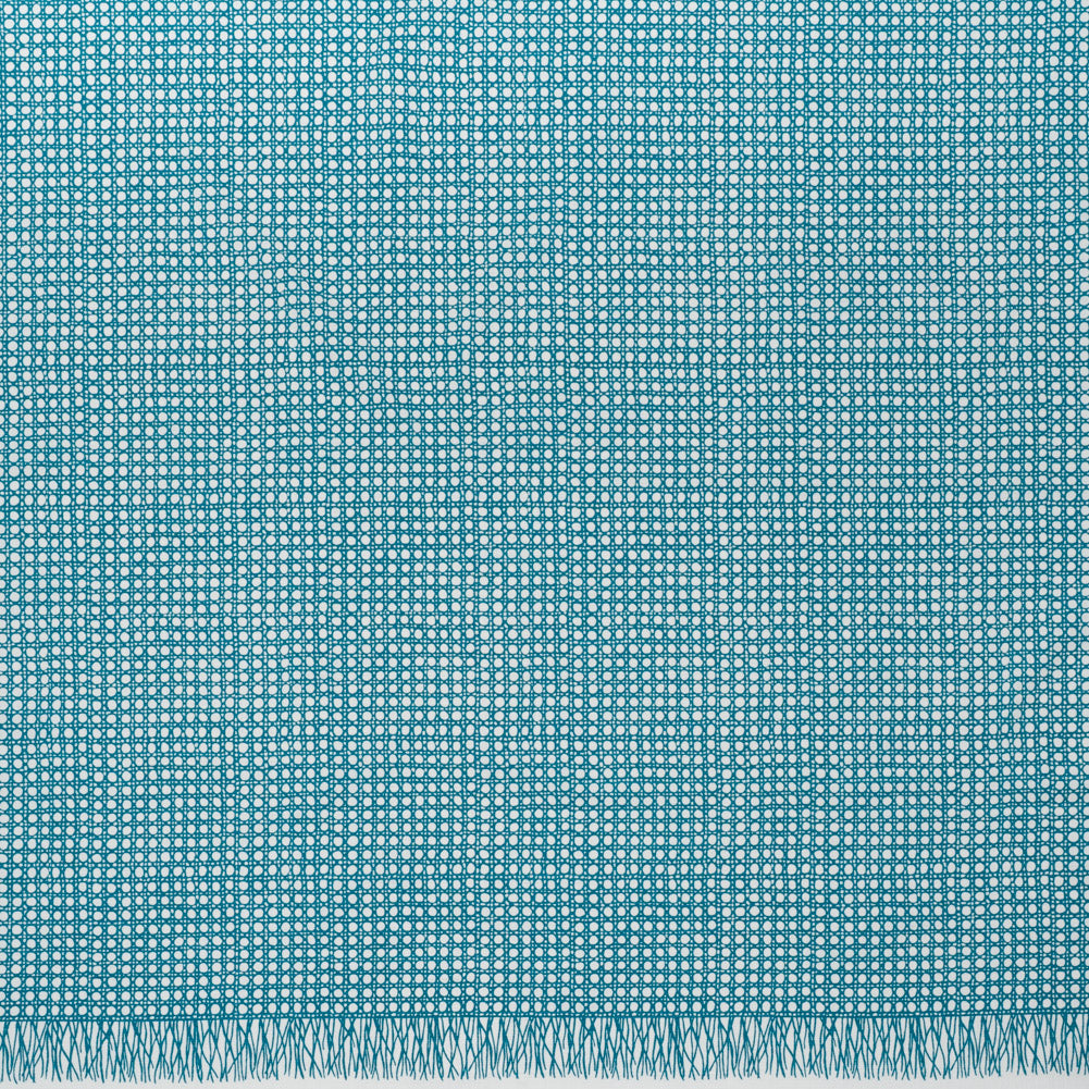 Textured Stretch Cotton Basketweave Panel by Trina Turk - Green Blue and White Circle Grid and Printed Fringe Border - Designer Deadstock
