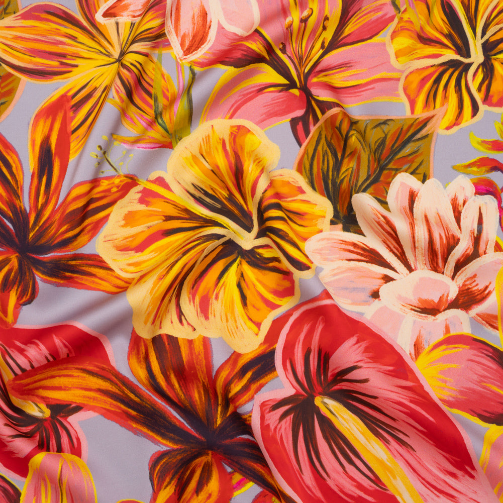 Polyester Satin - Orange, Red and Lemon Yellow Lush Flowers - Mood Exclusive Fireflower Paradise Print