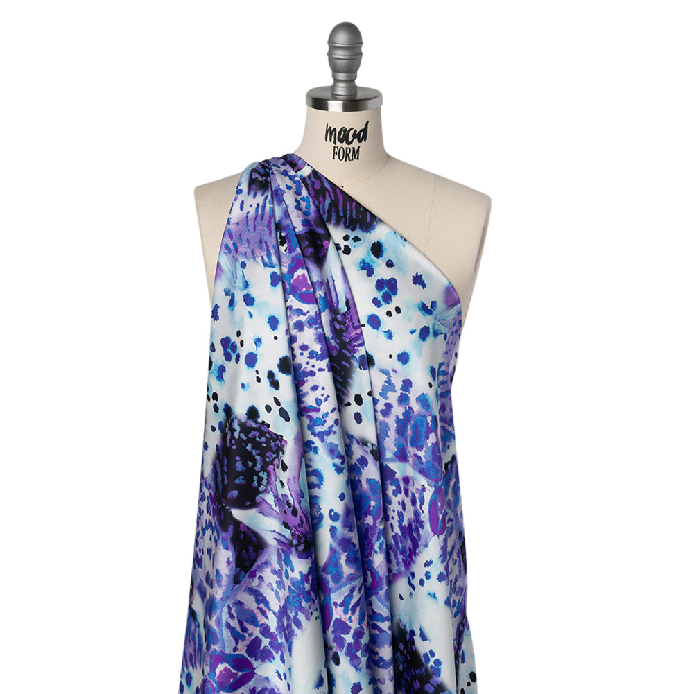 Polyester Satin - Purple, Blue and Black Abstract Florals and Spots - Mood Exclusive Mirage Botanique Print