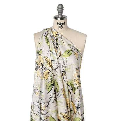 Polyester Satin - Pale Yellow, Sage Green and Black Sketched Florals - Mood Exclusive A Study of Spring Print