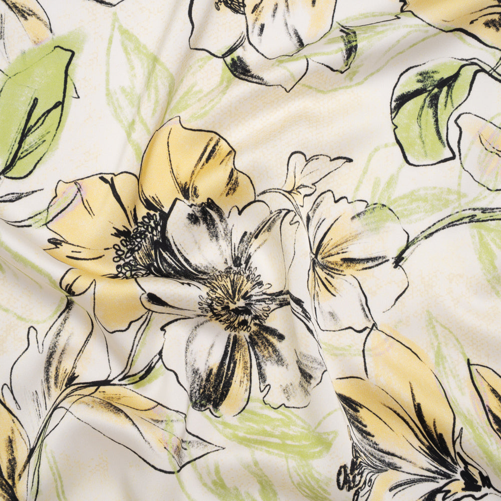 Polyester Satin - Pale Yellow, Sage Green and Black Sketched Florals - Mood Exclusive A Study of Spring Print