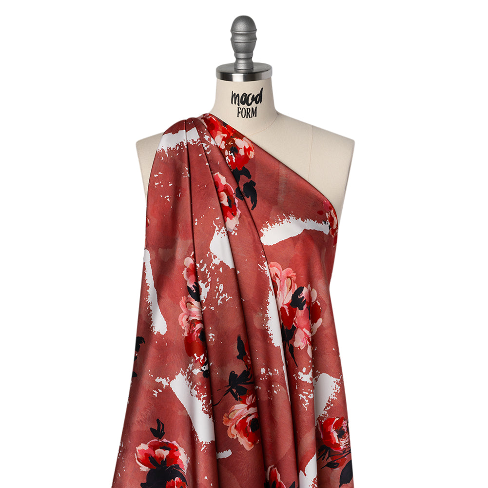 Polyester Satin - Hibiscus, Scarlet Red and Black Roses and Brushstrokes - Mood Exclusive Feel the Flow Print