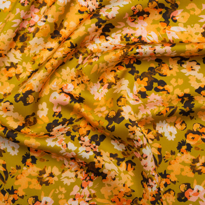 Polyester Satin - Chartreuse, Pale Orange and White Floral - Mood Exclusive Petal Confetti Print