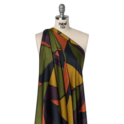 Polyester Satin - Olive Green, Aubergine and Mustard Abstract Shapes - Mood Exclusive Terra Mosaic Print