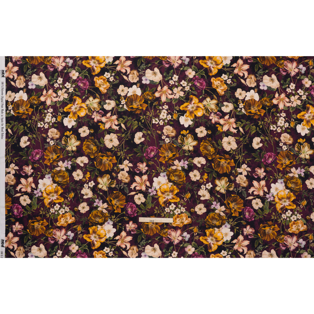 Polyester Satin - Mustard Yellow, Plum Purple and Cream Floral - Mood Exclusive Garden Tangle Print