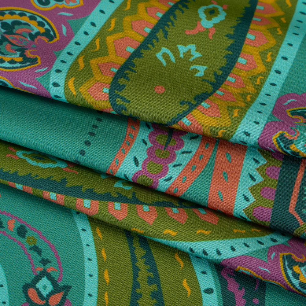 Polyester Satin - Jade Green, Dusty Magenta and Peachy Orange Paisley - Mood Exclusive Swirling Sonata Print
