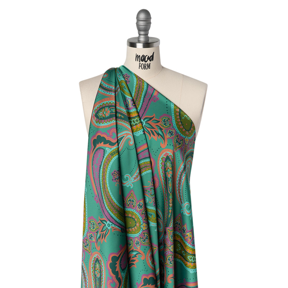 Polyester Satin - Jade Green, Dusty Magenta and Peachy Orange Paisley - Mood Exclusive Swirling Sonata Print