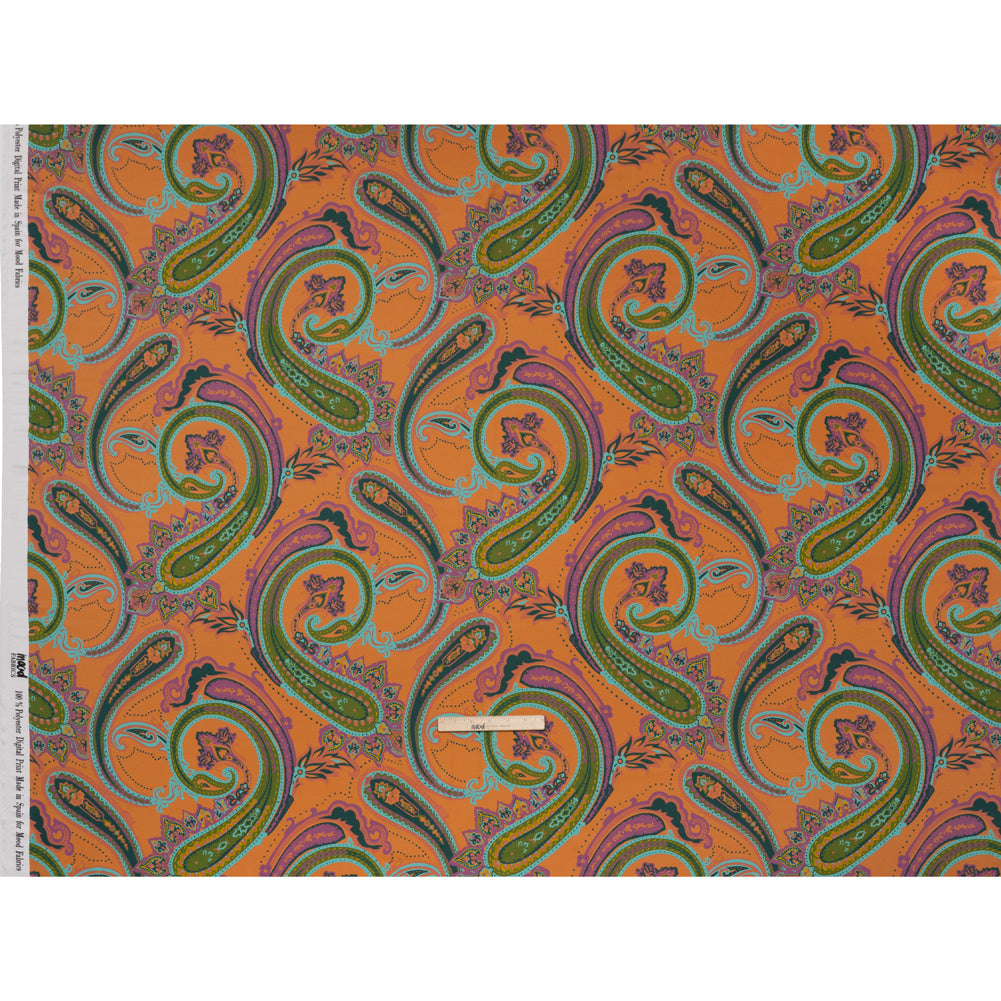 Polyester Satin - Pumpkin Orange, Jade Green and Purple Paisley - Mood Exclusive Swirling Sonata Print