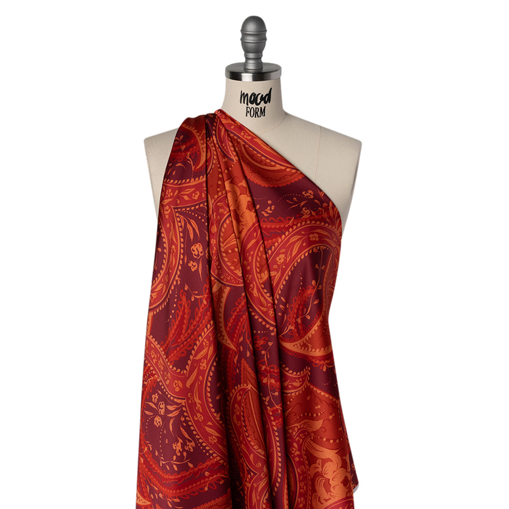Polyester Satin - Burnt Orange, Dark Red and Peach Paisley Floral - Mood Exclusive Harvest Harmonies Print
