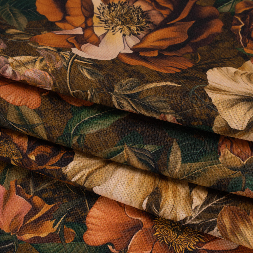 Linen and Rayon Woven - Orange, Dark Green and Brown Lush Floral - Mood Exclusive Camouflora Print - Folded