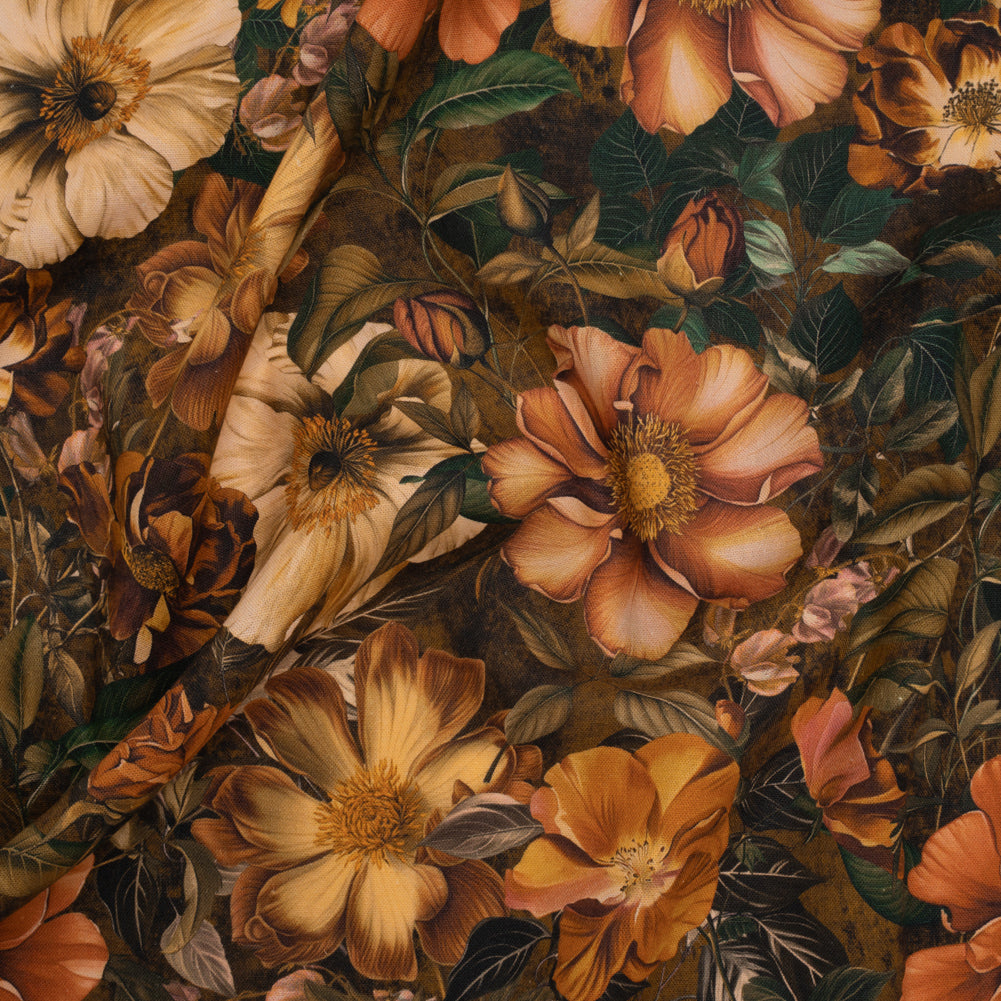 Linen and Rayon Woven - Orange, Dark Green and Brown Lush Floral - Mood Exclusive Camouflora Print