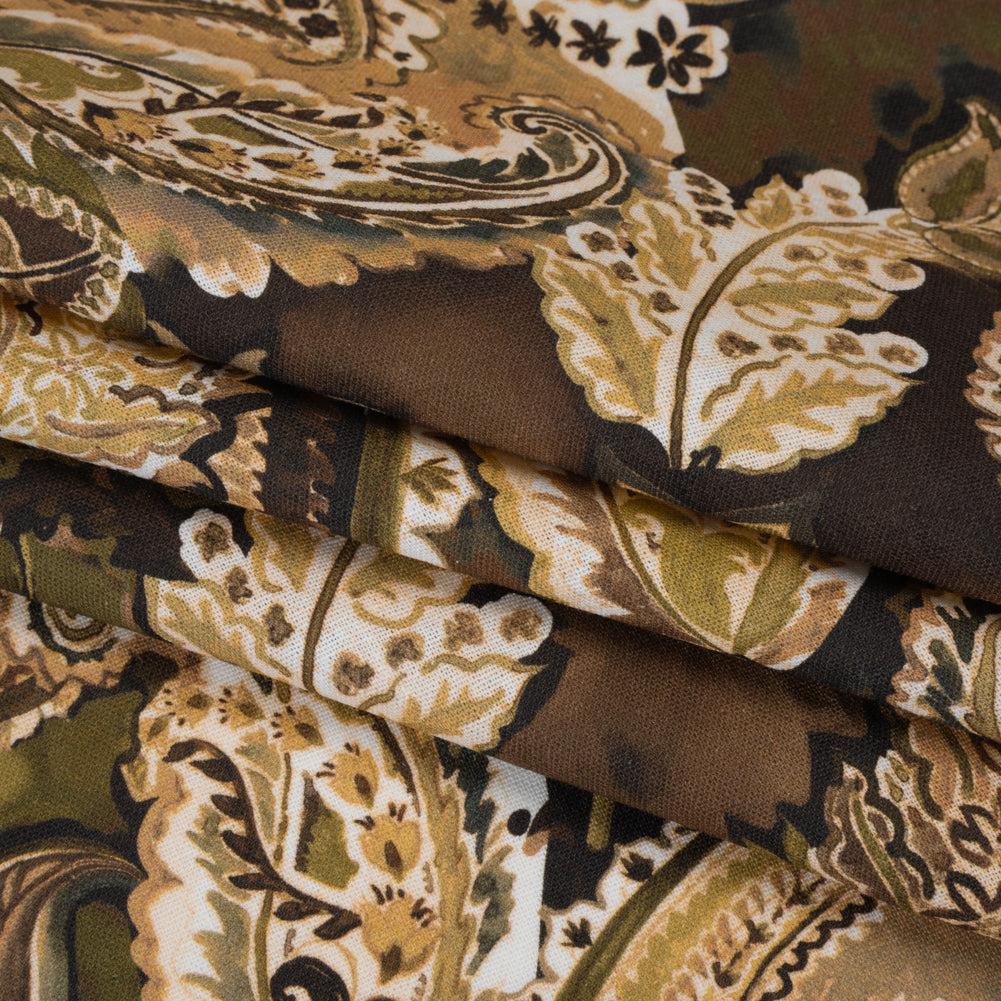 Linen and Rayon Woven - Brown, Beige and Olive Green Paisley - Mood Exclusive Drifting Dream Print - Folded