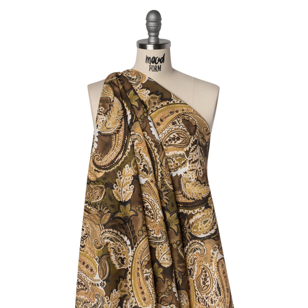 Linen and Rayon Woven - Brown, Beige and Olive Green Paisley - Mood Exclusive Drifting Dream Print - Drape