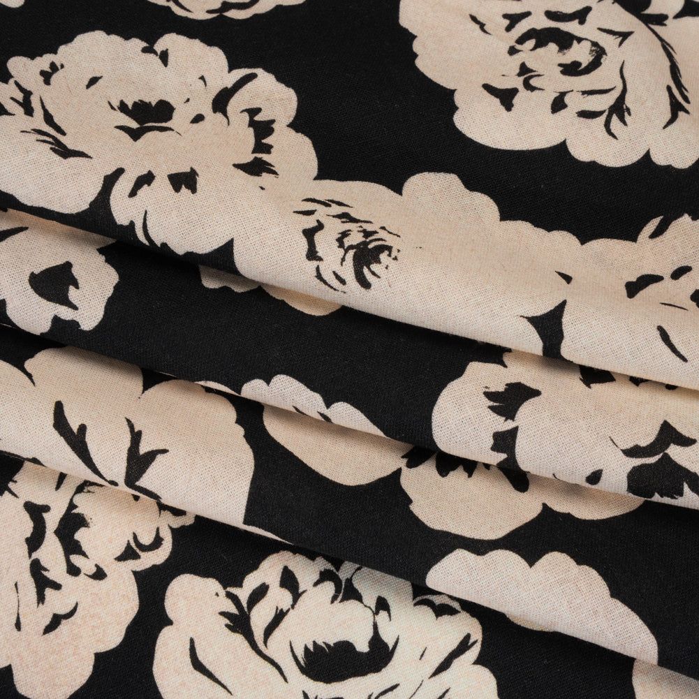 Linen and Rayon Woven - Cream and Black Roses - Mood Exclusive Midnight Muse Print