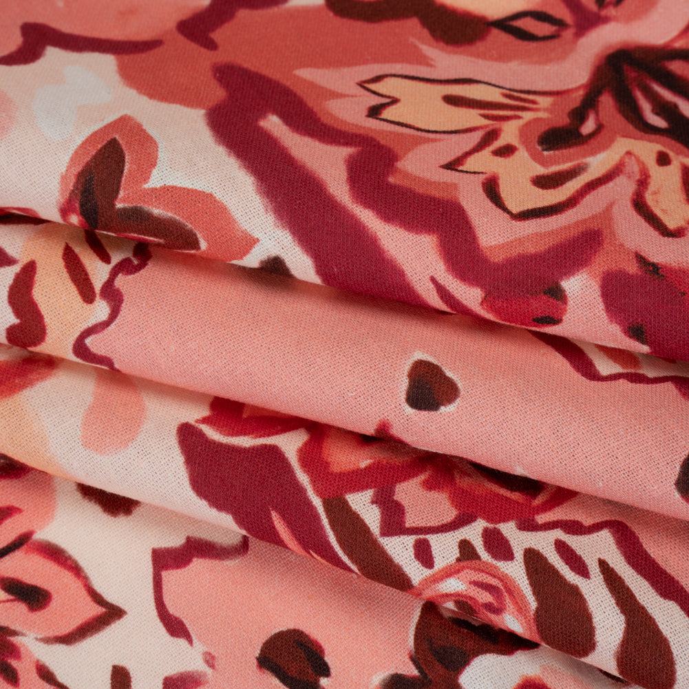 Linen and Rayon Woven - Pink, Peach and Pale Orange Almost-Geometric Floral - Mood Exclusive Fractured Flora Print - Folded