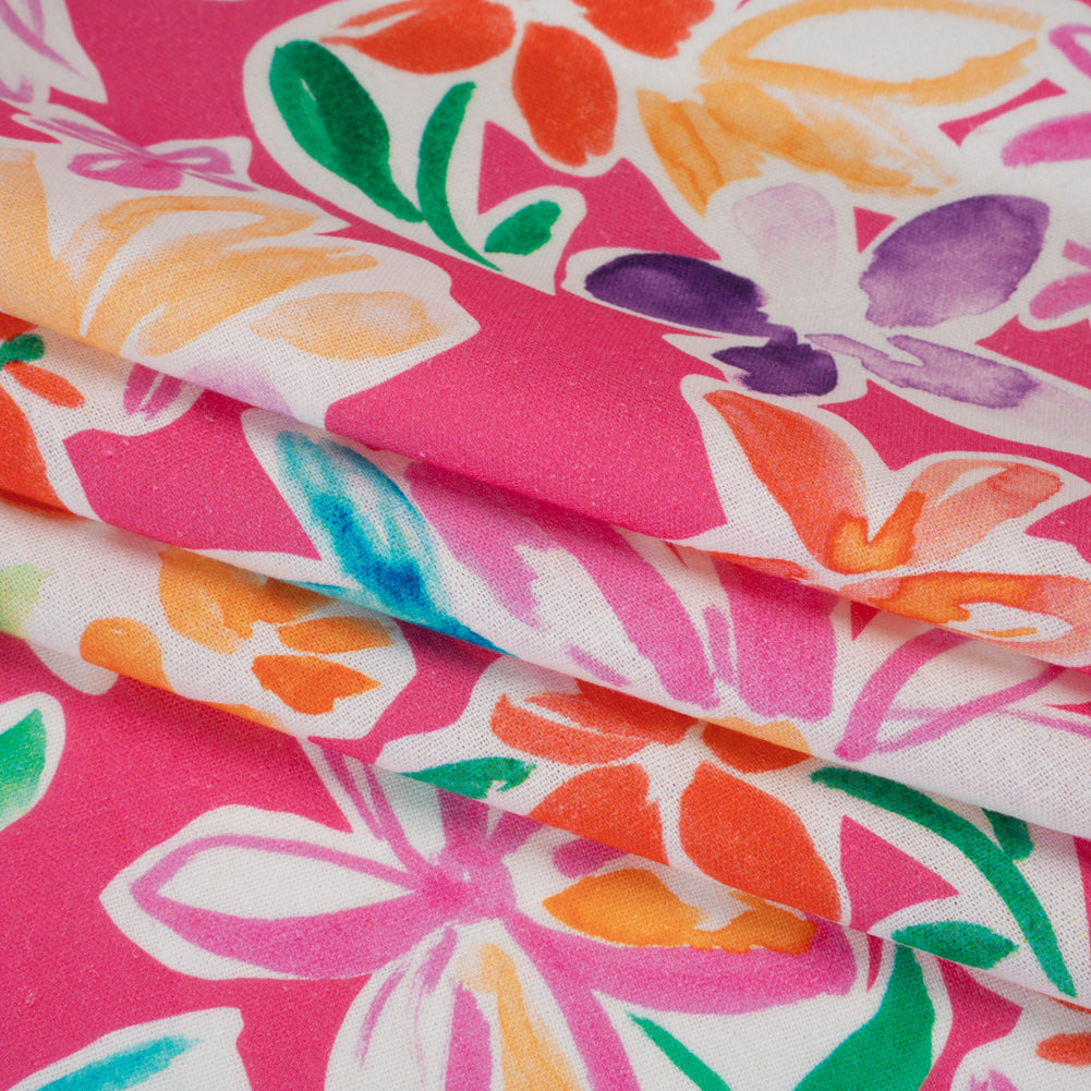 Linen and Rayon Woven - Hot Pink, Purple and Orange Flower Sketches - Mood Exclusive Penpal Petals Print - Folded