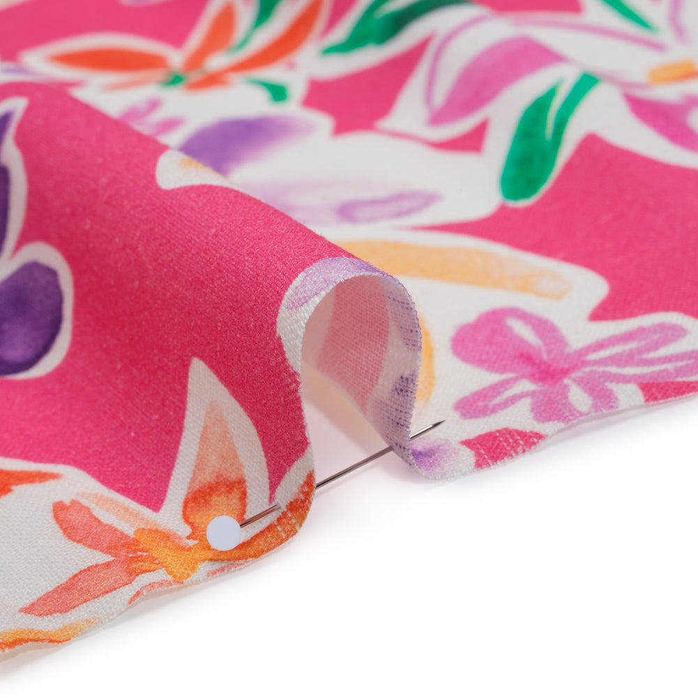 Linen and Rayon Woven - Hot Pink, Purple and Orange Flower Sketches - Mood Exclusive Penpal Petals Print - Detail