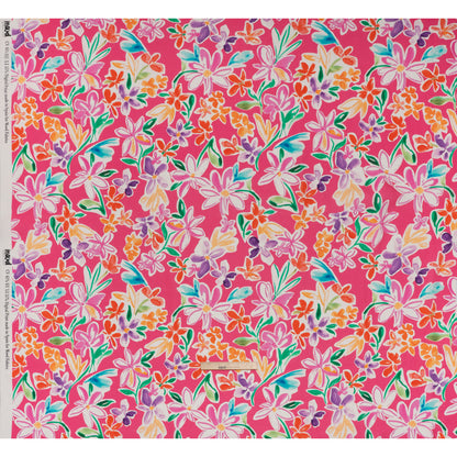 Linen and Rayon Woven - Hot Pink, Purple and Orange Flower Sketches - Mood Exclusive Penpal Petals Print