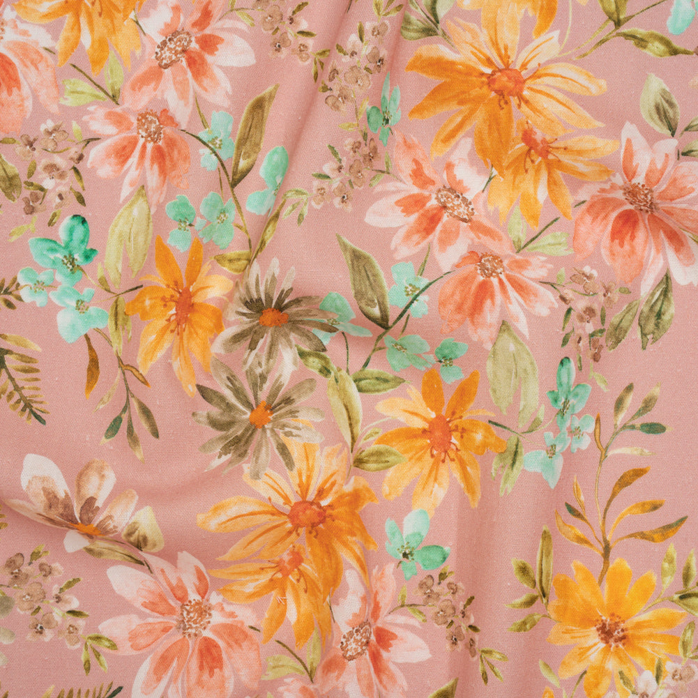 Linen and Rayon Woven - Dusty Pink, Orange and Olive Green Floral - Mood Exclusive First Blush Print
