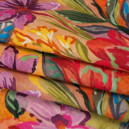 Linen and Rayon Woven - Purple, Orange and Green Painterly Flower Jungle - Mood Exclusive Jungle Jubilee Print Folded