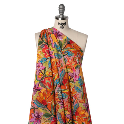 Linen and Rayon Woven - Purple, Orange and Green Painterly Flower Jungle - Mood Exclusive Jungle Jubilee Print Drape