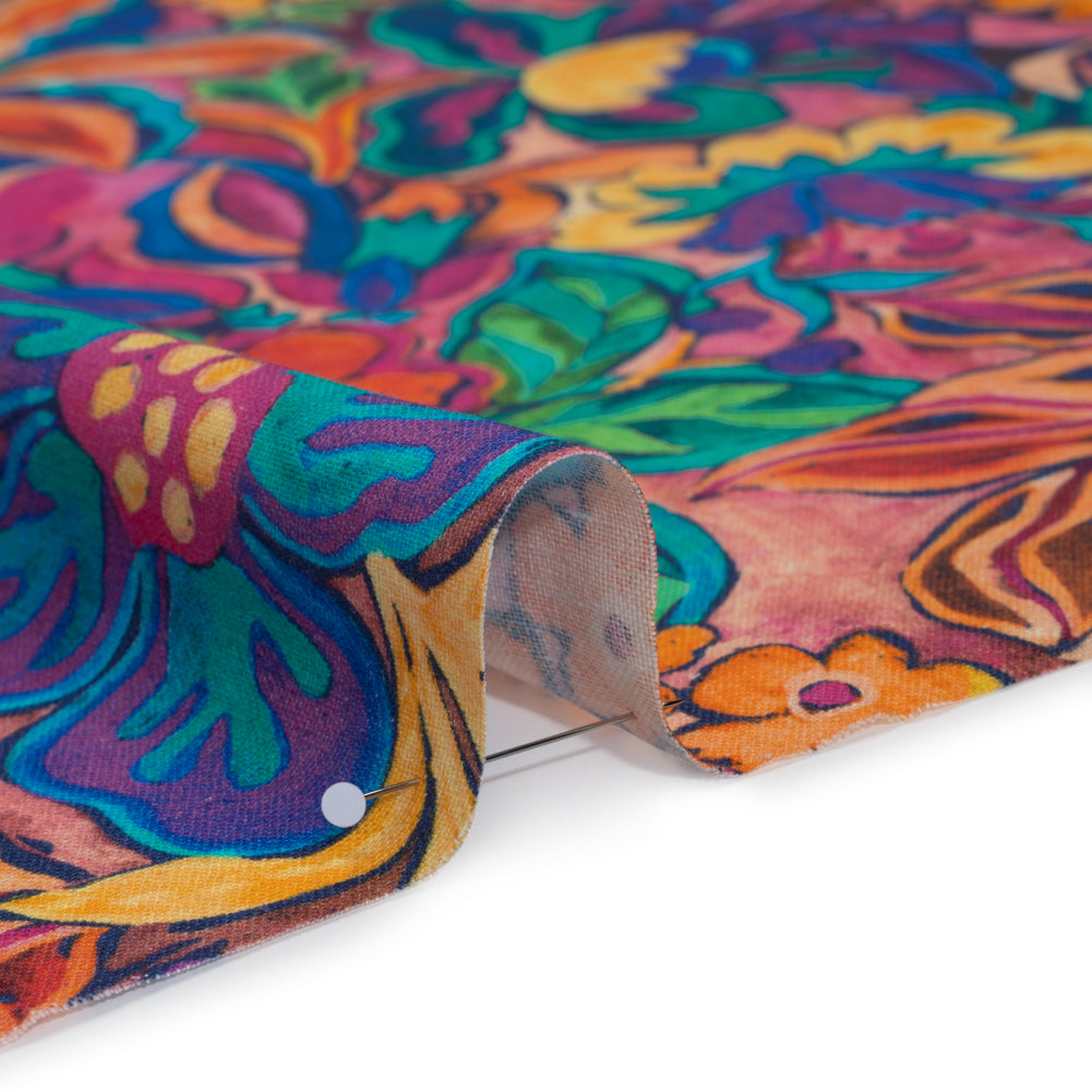 Linen and Rayon Woven - Hot Pink, Orange and Ultramarine Blue Bold Flowers - Mood Exclusive Electric Eden Print - Detail