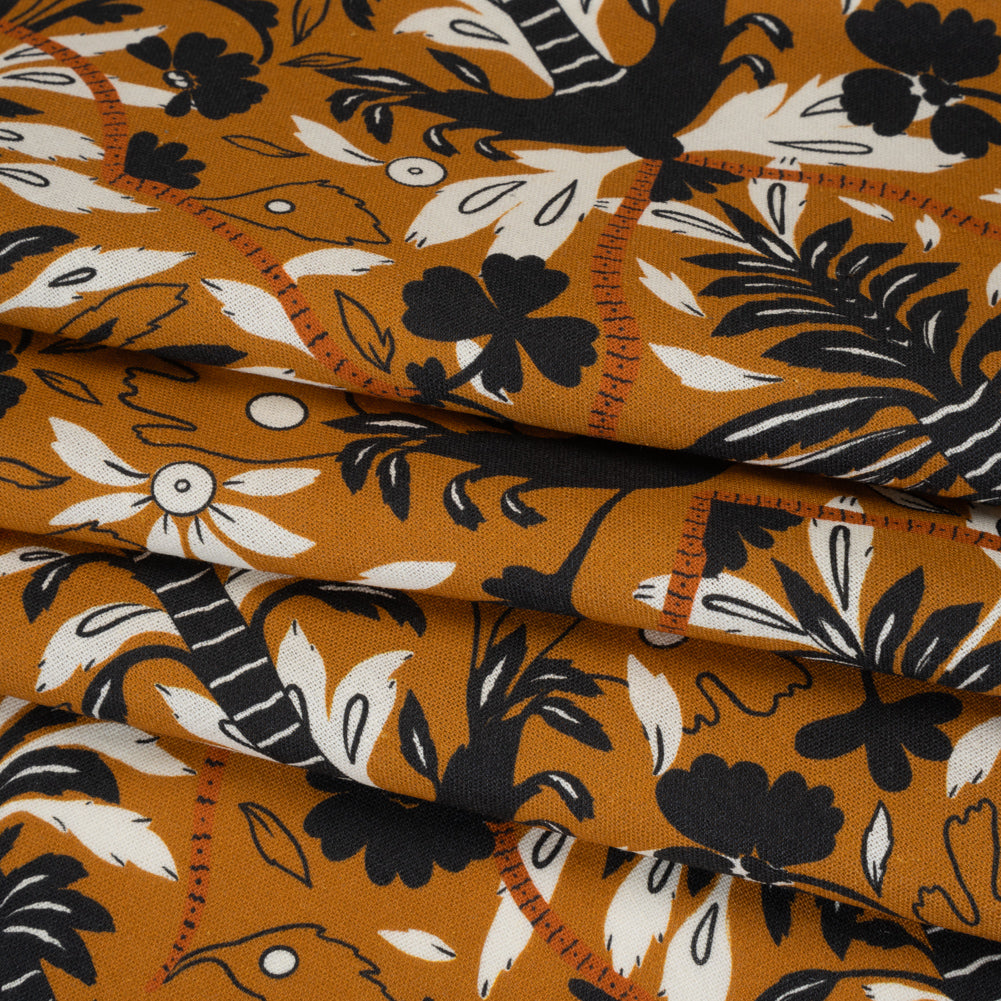 Linen and Rayon Woven - Burnt Orange, Black and White Palm Tree Stripes - Mood Exclusive Palm Prestige Print