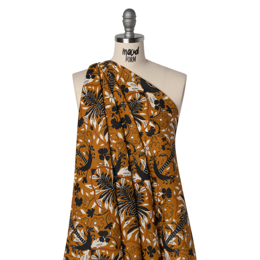 Linen and Rayon Woven - Burnt Orange, Black and White Palm Tree Stripes - Mood Exclusive Palm Prestige Print