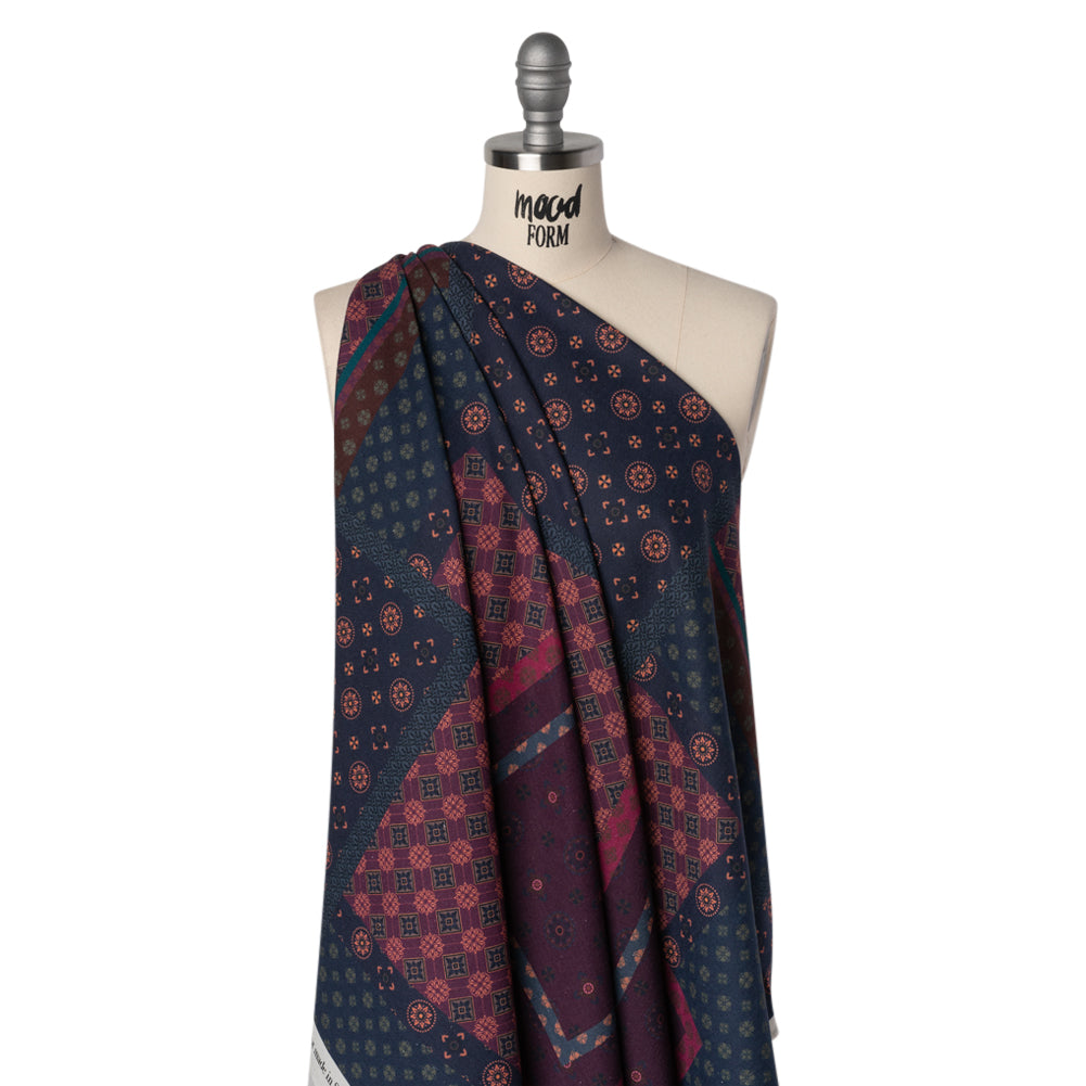 Linen and Rayon Woven - Teal, Navy and Plum Medallion Patchwork - Mood Exclusive Sultan’s Splendor Print - Drape