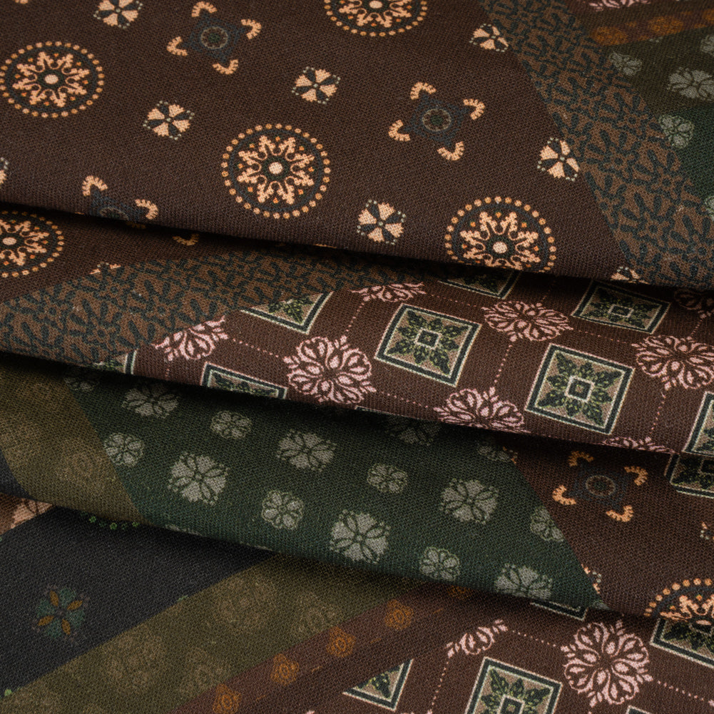 Linen and Rayon Woven - Brown, Dark Green and Olive Medallion Patchwork - Mood Exclusive Sultan’s Splendor Print